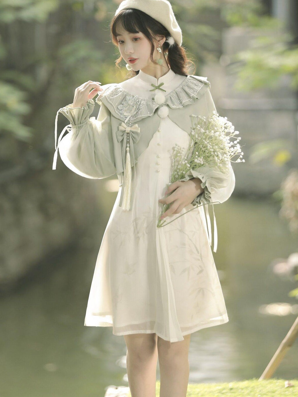 Jing Mu Bamboo Print Short Qipao Jacket Two Piece Retro Women's Polyester Long Sleeve Op