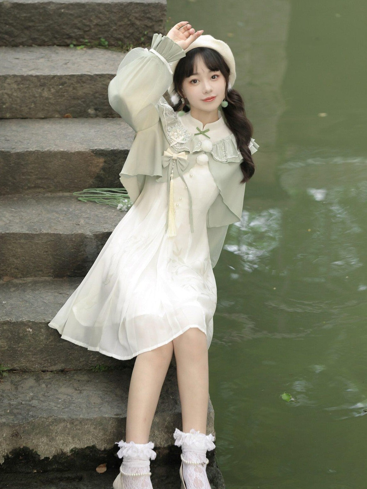 Jing Mu Bamboo Print Short Qipao Jacket Two Piece Retro Women's Polyester Long Sleeve Op