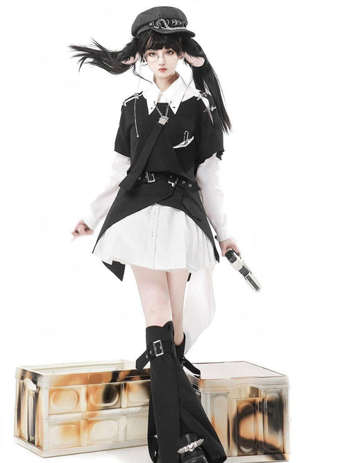 Jing Mu Black Asymmetrical Gothic Lolita Punk Uniform Women's Long Sleeve Op