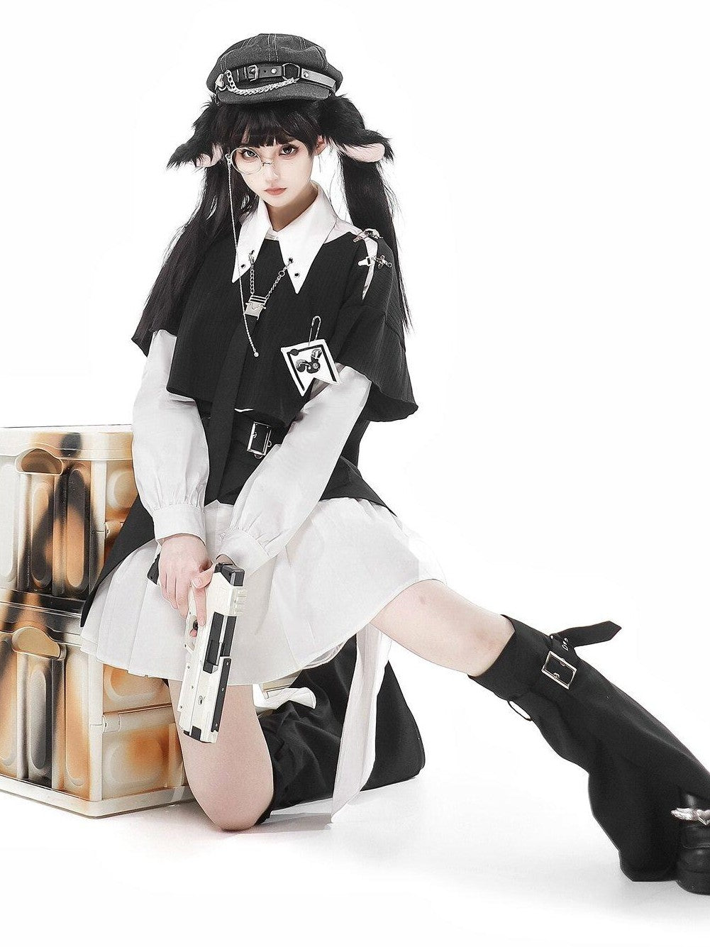 Jing Mu Black Asymmetrical Gothic Lolita Punk Uniform Women's Long Sleeve Op