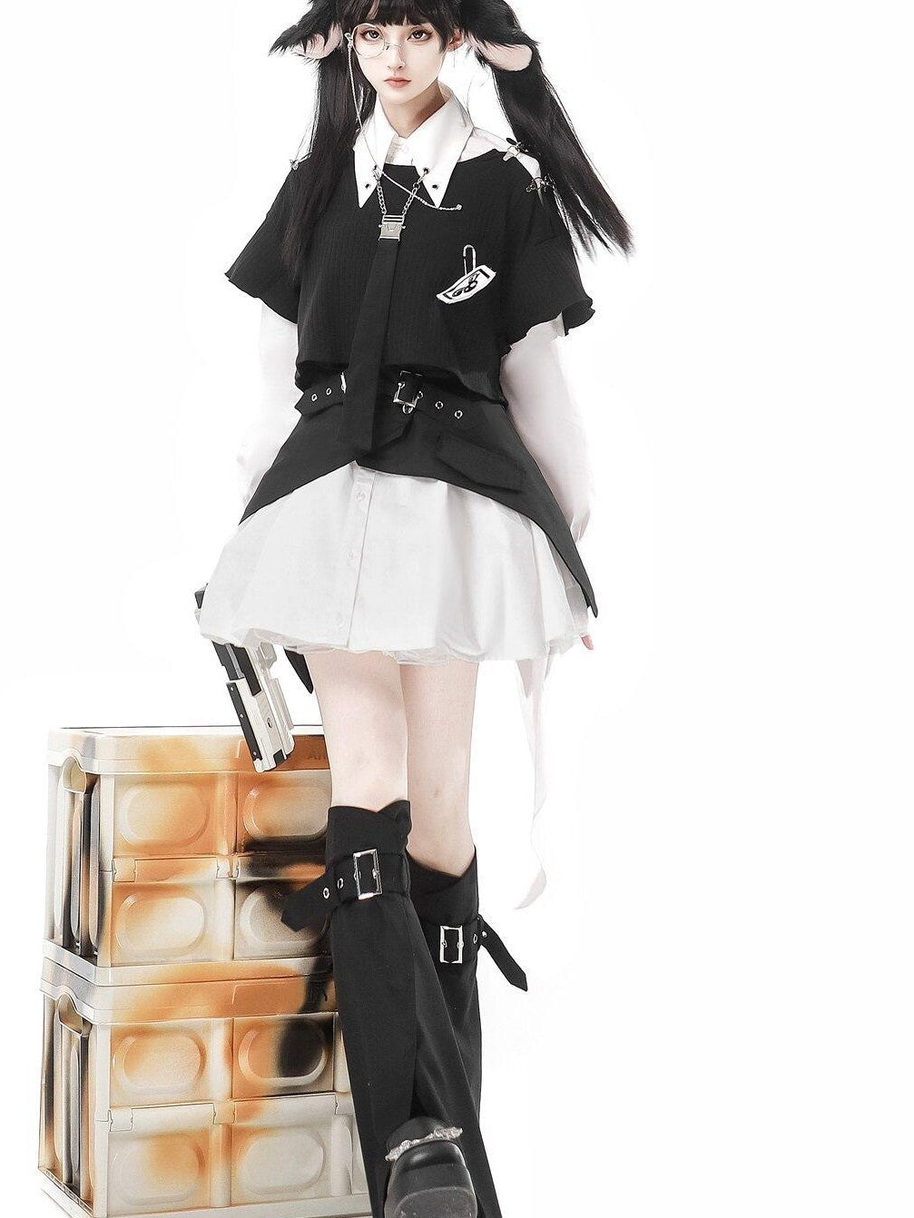 Jing Mu Black Asymmetrical Gothic Lolita Punk Uniform Women's Long Sleeve Op