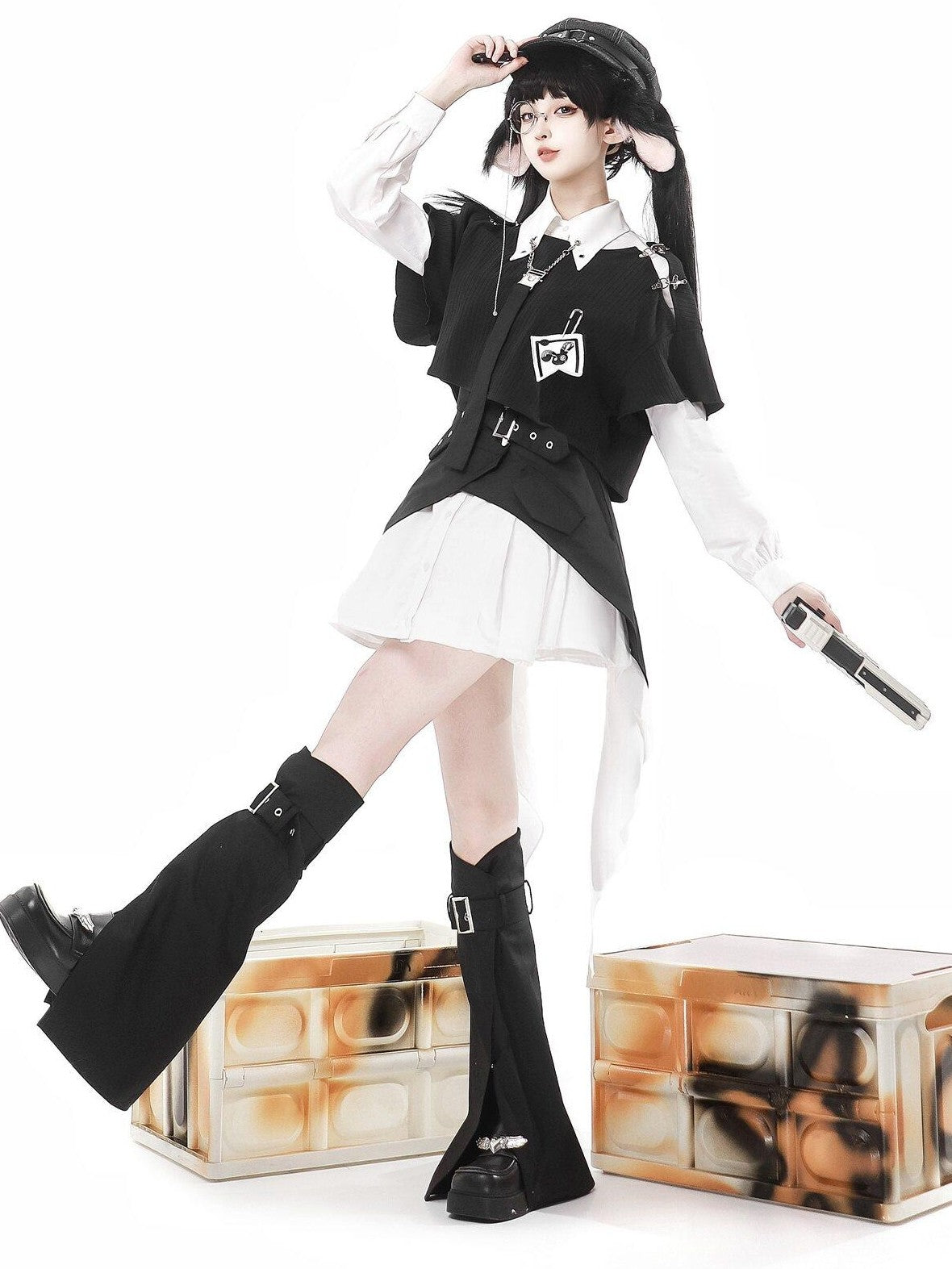 Jing Mu Black Asymmetrical Gothic Lolita Punk Uniform Women's Long Sleeve Op