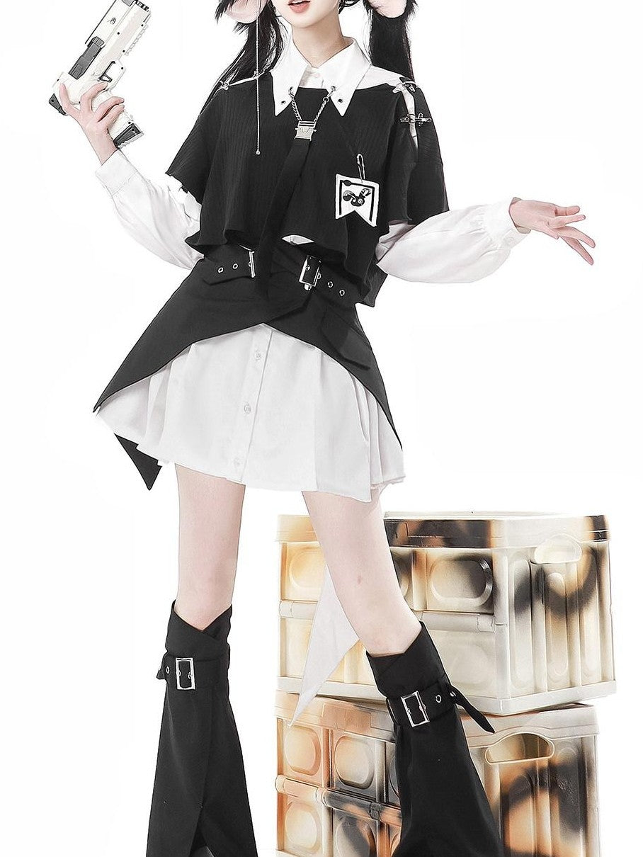 Jing Mu Black Asymmetrical Gothic Lolita Punk Uniform Women's Long Sleeve Op