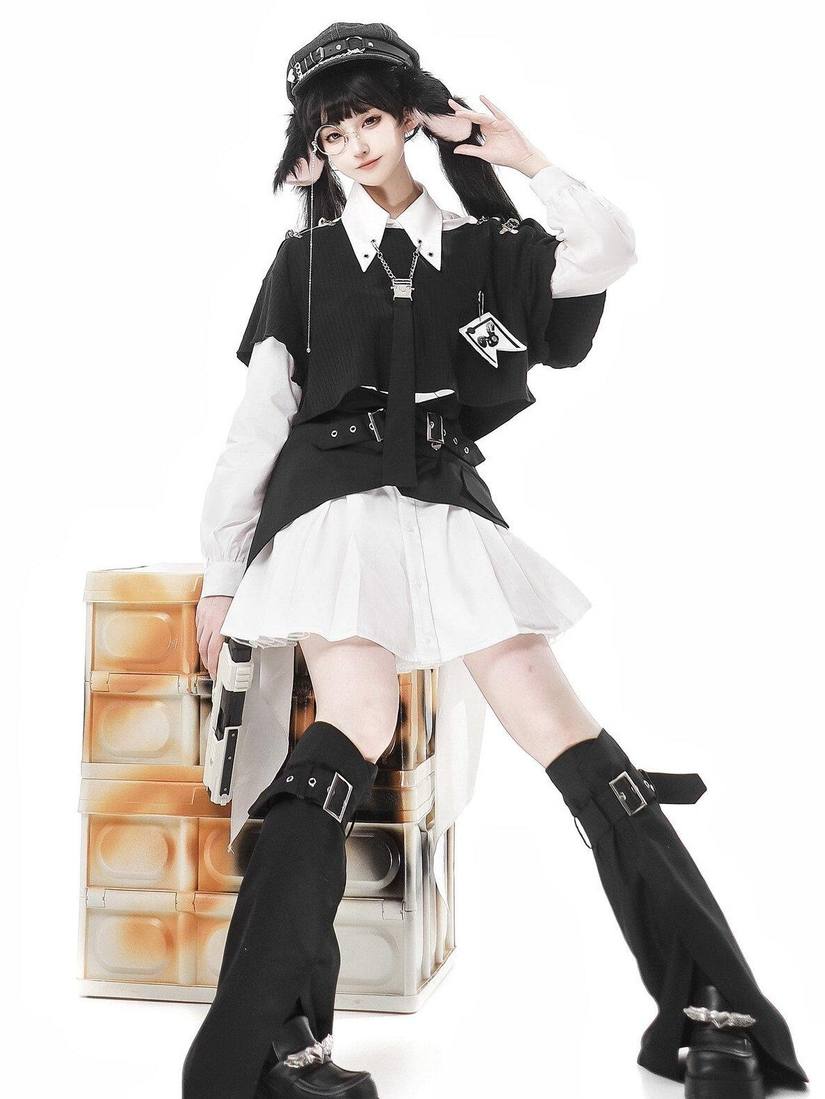 Jing Mu Black Asymmetrical Gothic Lolita Punk Uniform Women's Long Sleeve Op