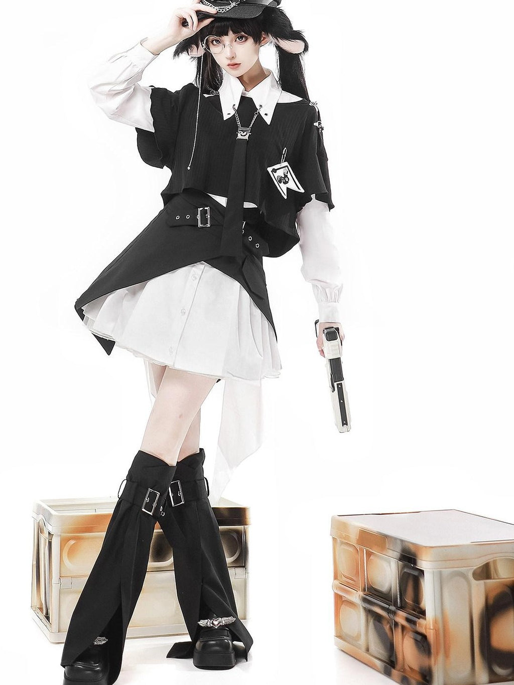 Jing Mu Black Asymmetrical Gothic Lolita Punk Uniform Women's Long Sleeve Op