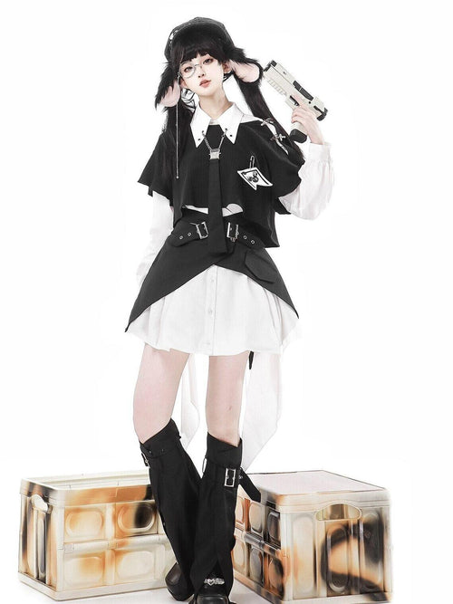 Jing Mu Black Asymmetrical Gothic Lolita Punk Uniform Women's Long Sleeve Op