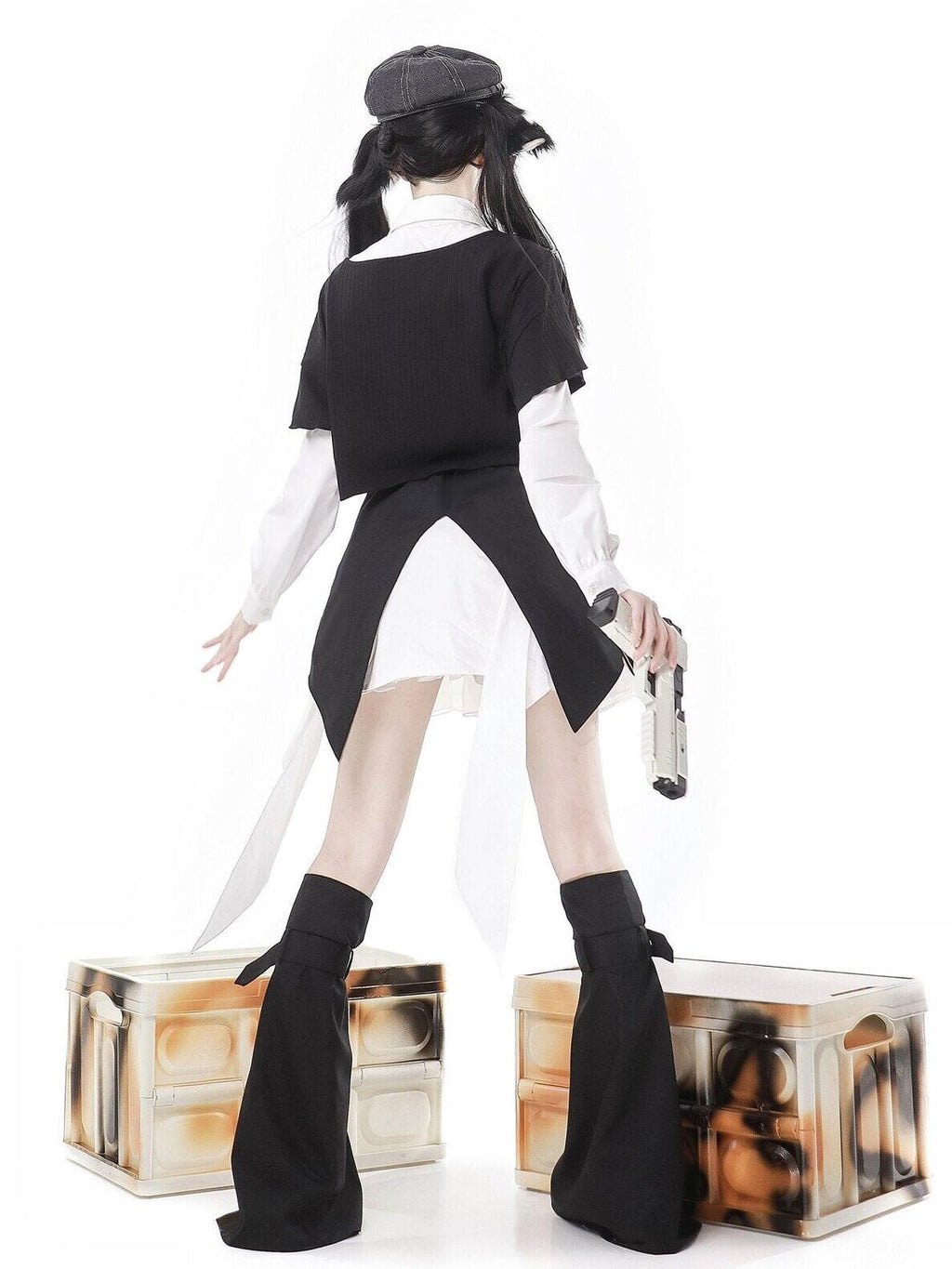 Jing Mu Black Asymmetrical Gothic Lolita Punk Uniform Women's Long Sleeve Op