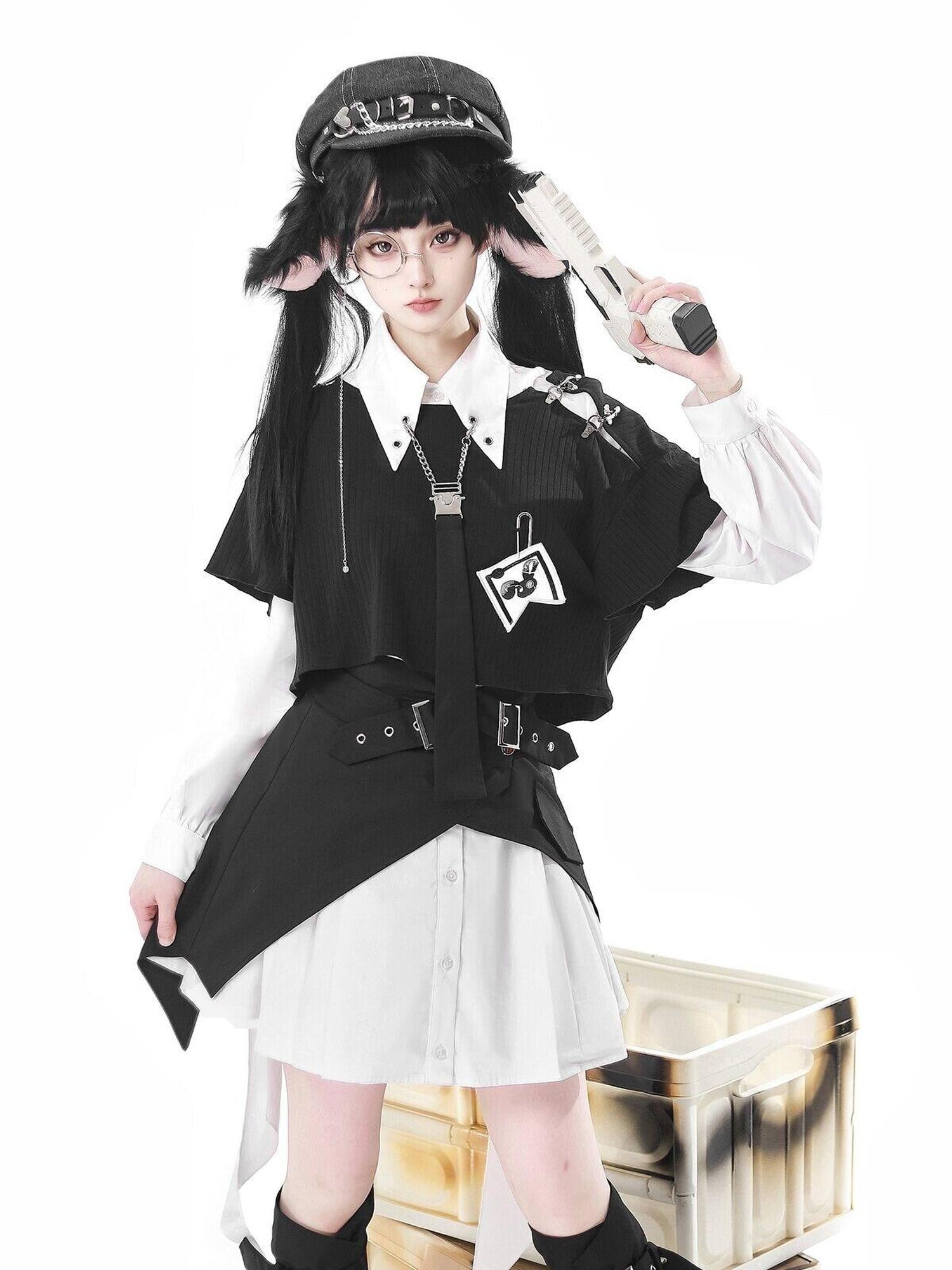 Jing Mu Black Asymmetrical Gothic Lolita Punk Uniform Women's Long Sleeve Op
