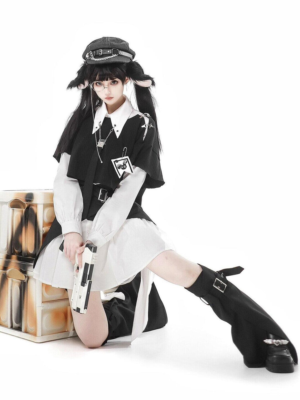 Jing Mu Black Asymmetrical Gothic Lolita Punk Uniform Women's Long Sleeve Op