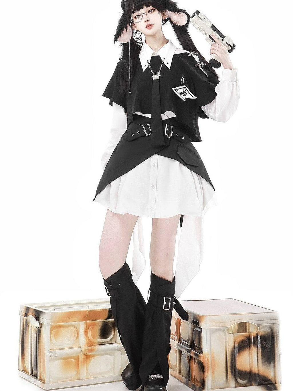 Jing Mu Black Asymmetrical Gothic Lolita Punk Uniform Women's Long Sleeve Op