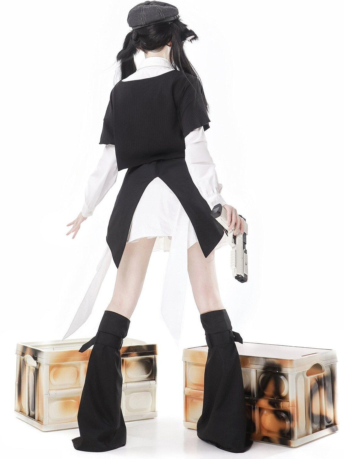 Jing Mu Black Asymmetrical Gothic Lolita Punk Uniform Women's Long Sleeve Op