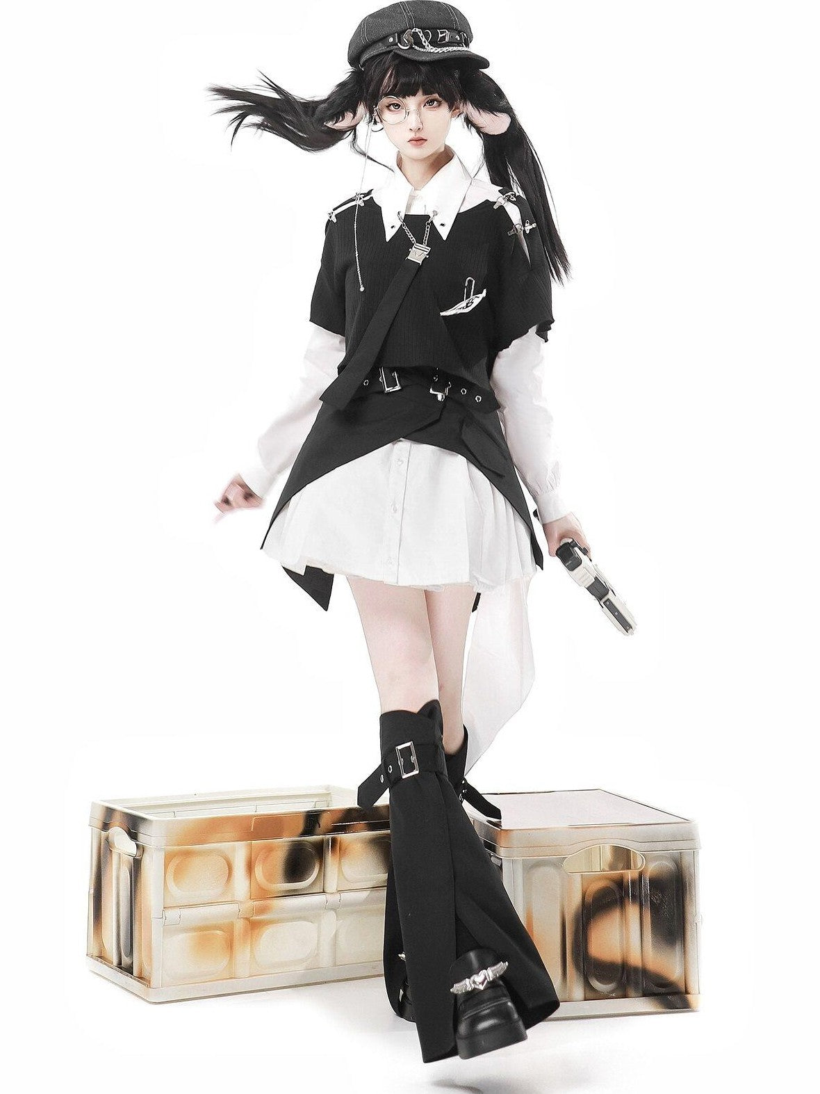Jing Mu Black Asymmetrical Gothic Lolita Punk Uniform Women's Long Sleeve Op