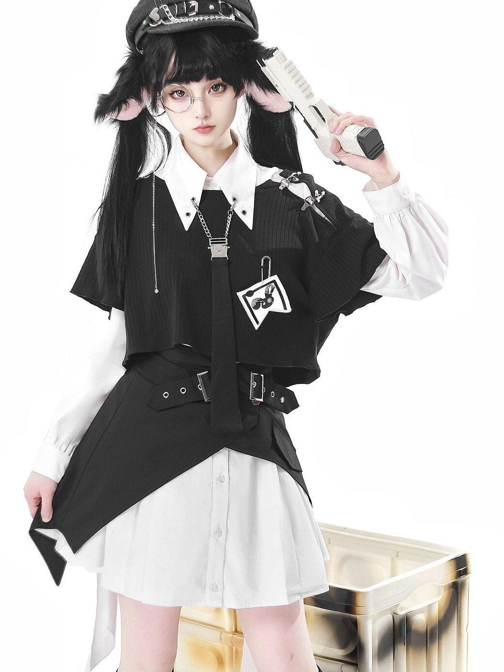 Jing Mu Black Asymmetrical Gothic Lolita Punk Uniform Women's Long Sleeve Op