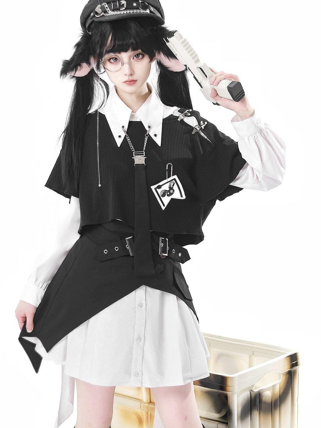Jing Mu Black Asymmetrical Gothic Lolita Punk Uniform Women's Long Sleeve Op