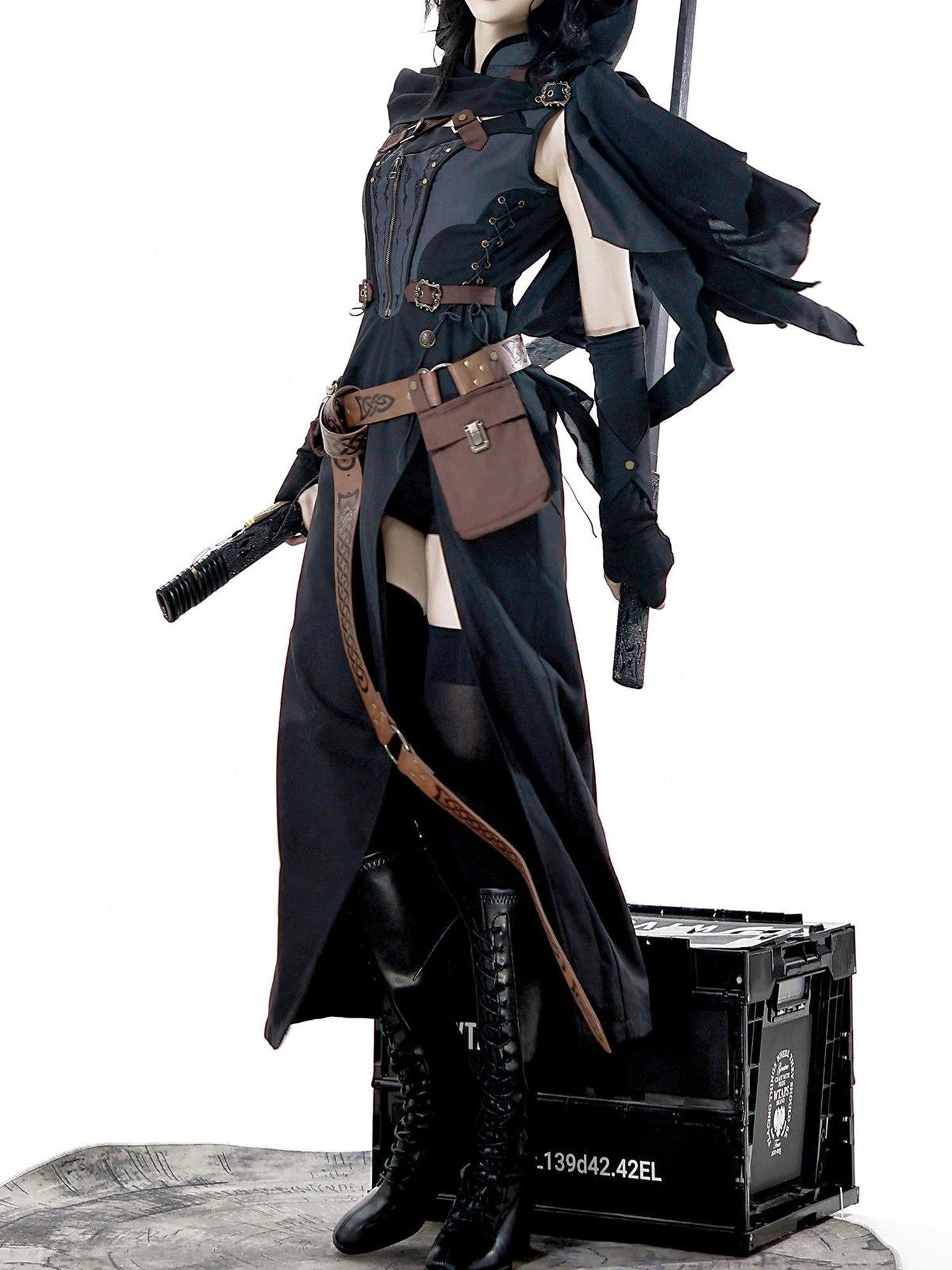 Jing Mu Black Belted Punk Lolita Collar Cloak Women's Gothic Full Coordination Sets