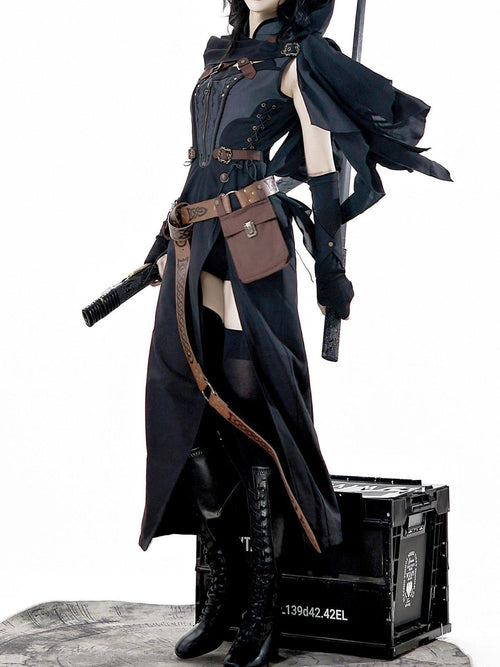 Jing Mu Black Belted Punk Lolita Collar Cloak Women's Gothic Full Coordination Sets