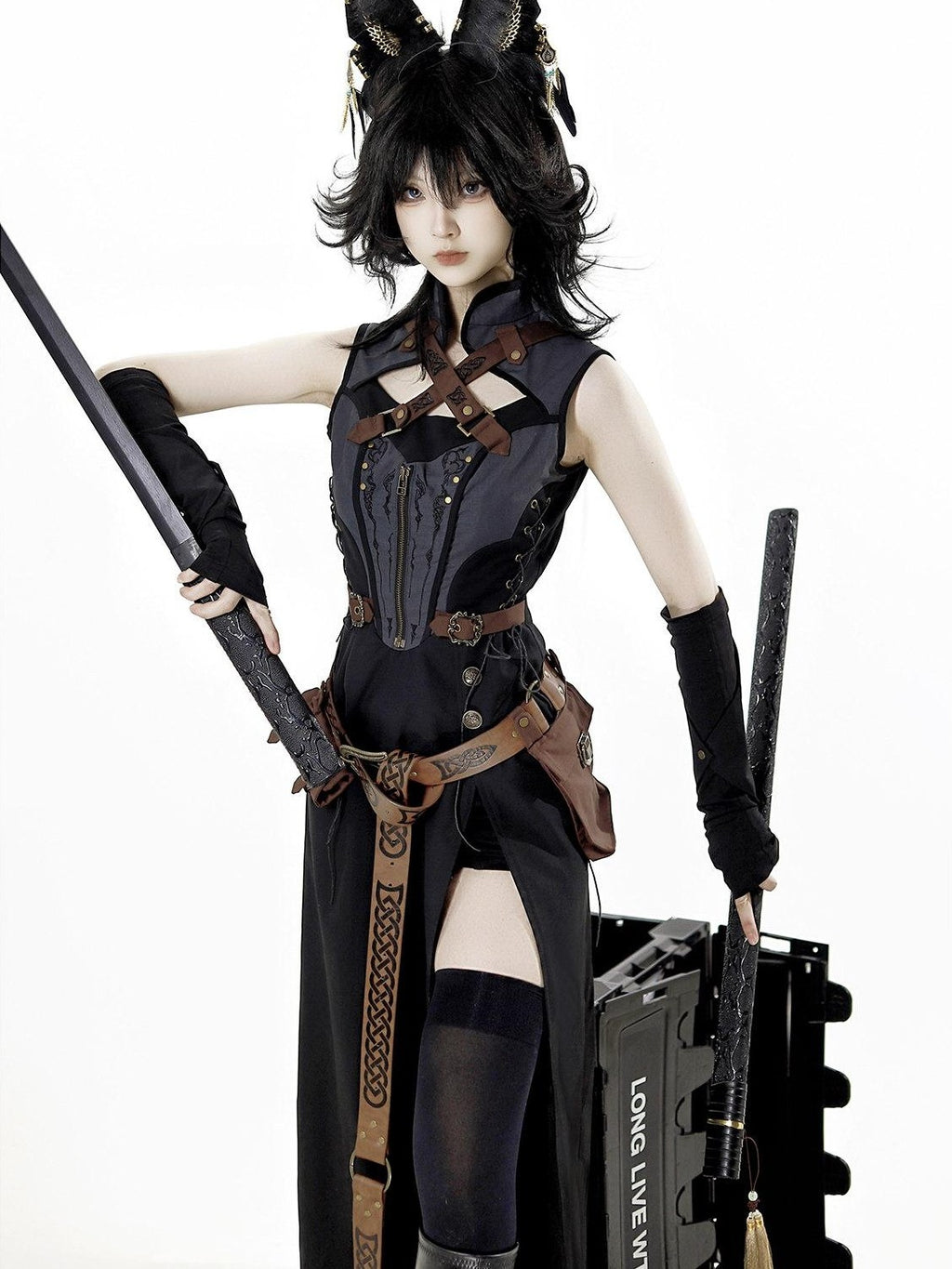 Jing Mu Black Belted Punk Lolita Collar Cloak Women's Gothic Full Coordination Sets