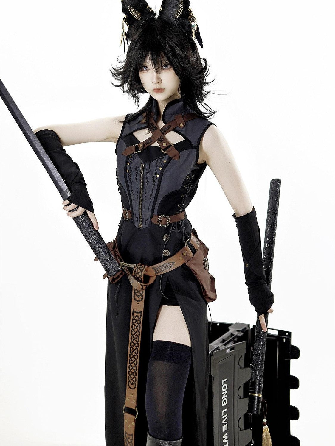 Jing Mu Black Belted Punk Lolita Collar Cloak Women's Gothic Full Coordination Sets