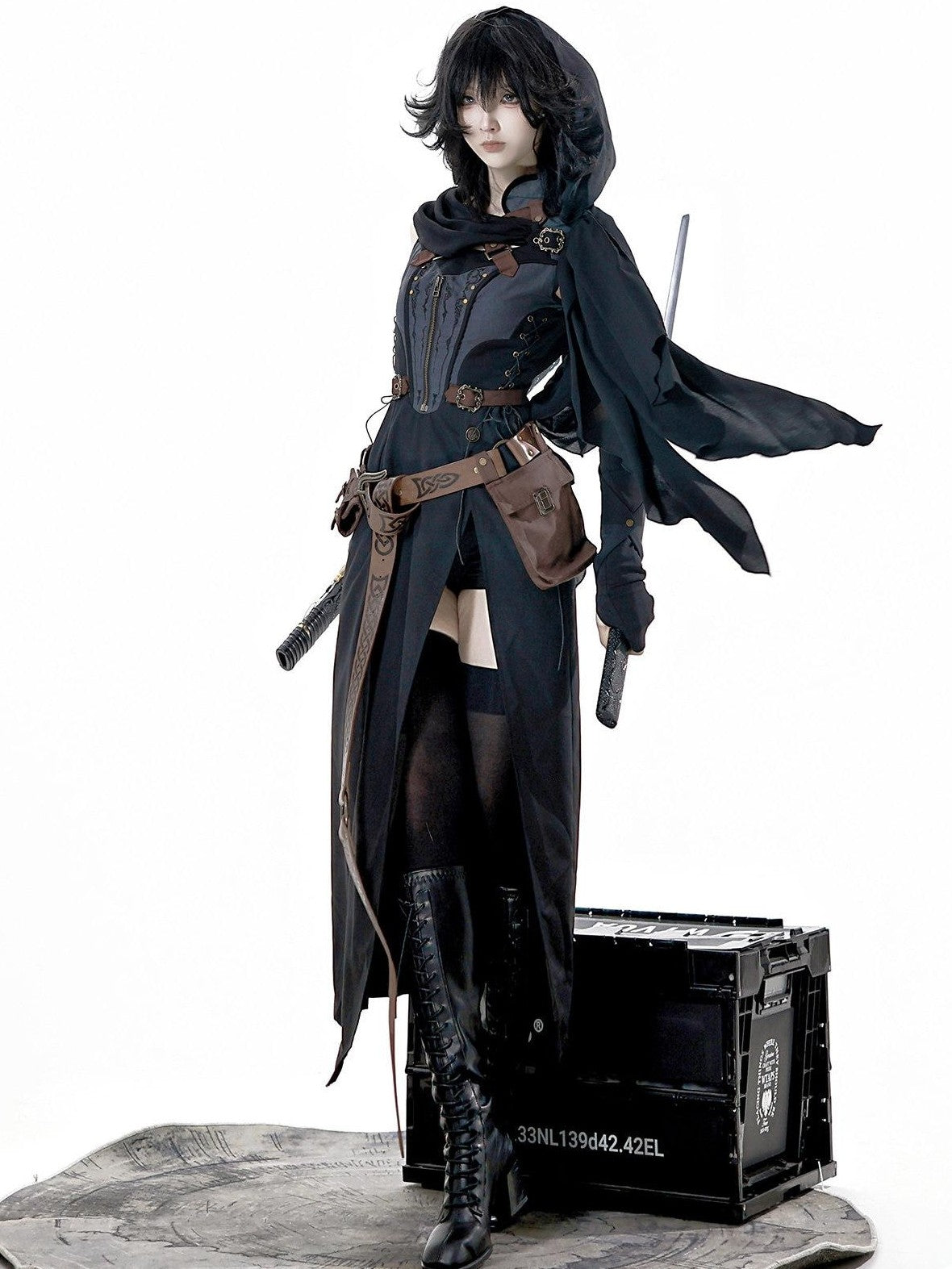 Jing Mu Black Belted Punk Lolita Collar Cloak Women's Gothic Full Coordination Sets