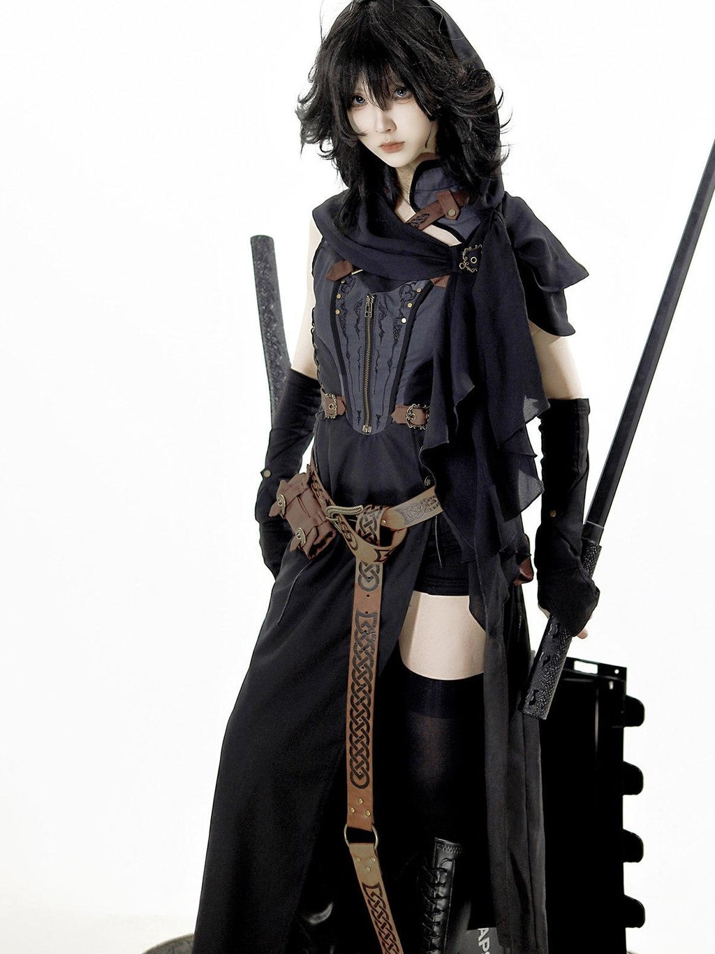 Jing Mu Black Belted Punk Lolita Collar Cloak Women's Gothic Full Coordination Sets