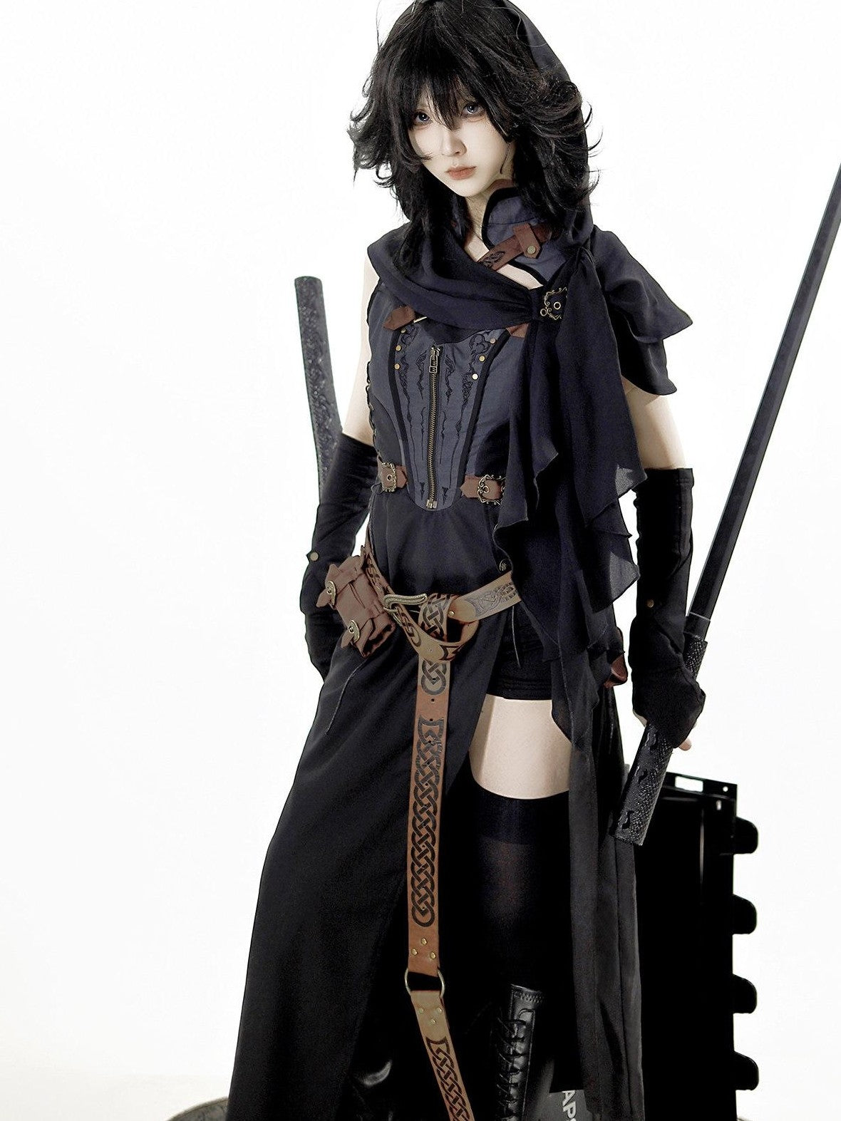 Jing Mu Black Belted Punk Lolita Collar Cloak Women's Gothic Full Coordination Sets