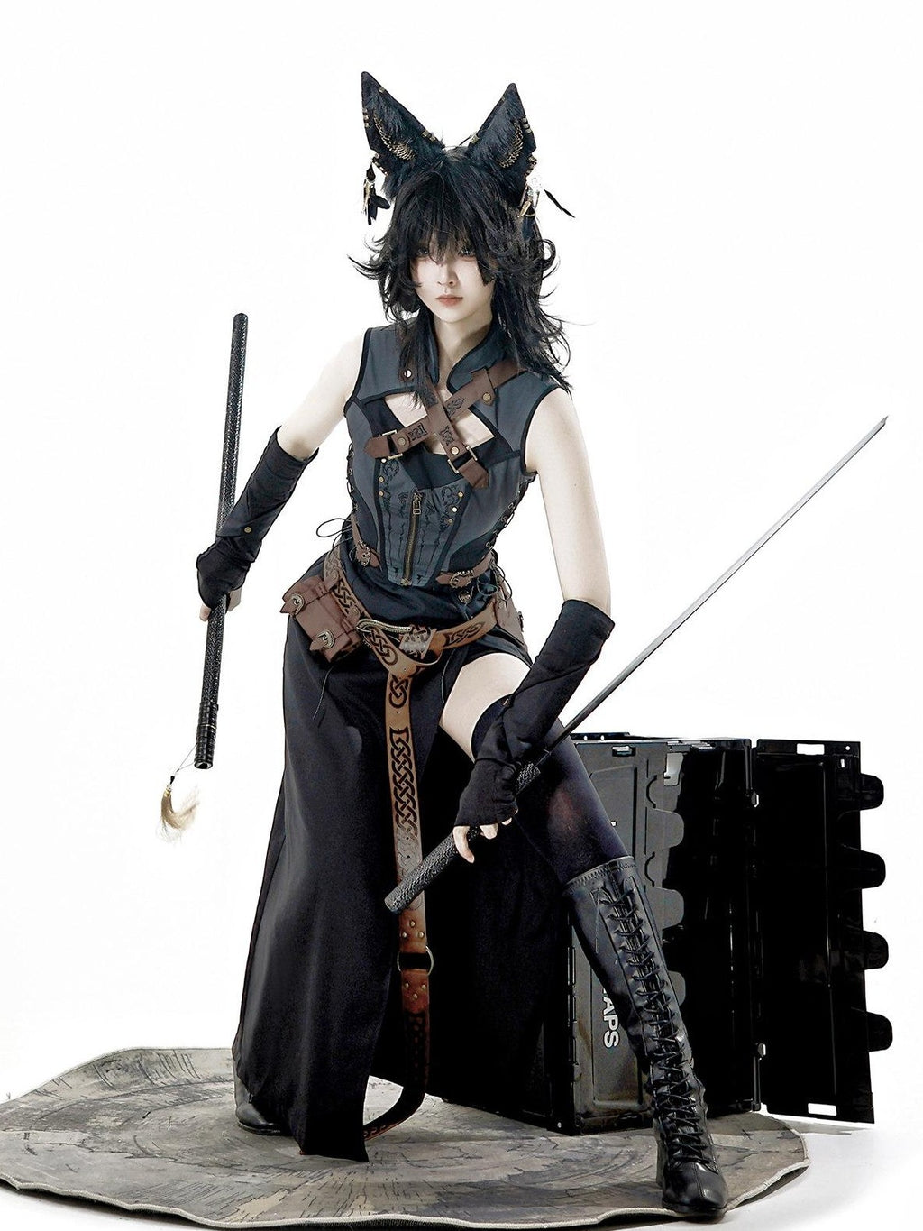 Jing Mu Black Belted Punk Lolita Collar Cloak Women's Gothic Full Coordination Sets