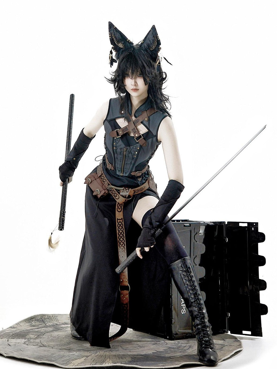 Jing Mu Black Belted Punk Lolita Collar Cloak Women's Gothic Full Coordination Sets