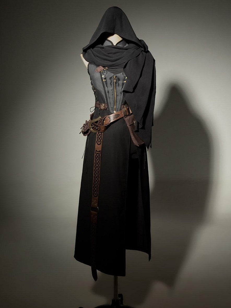 Jing Mu Black Belted Punk Lolita Collar Cloak Women's Gothic Full Coordination Sets
