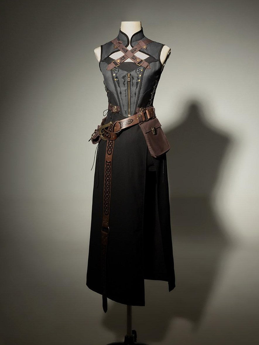 Jing Mu Black Belted Punk Lolita Collar Cloak Women's Gothic Full Coordination Sets