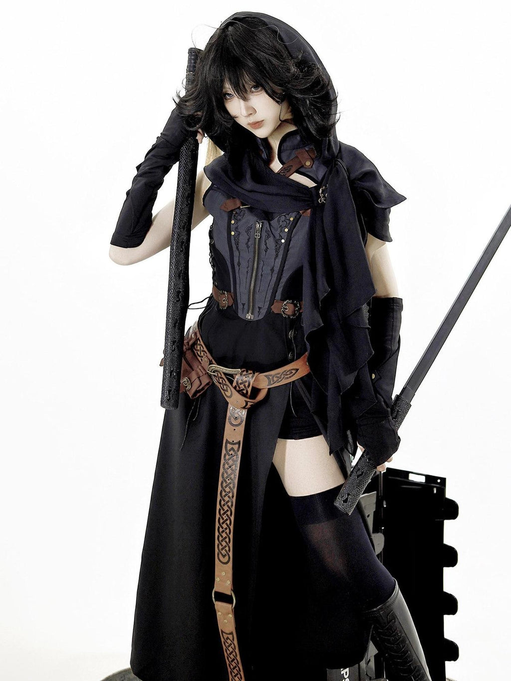 Jing Mu Black Belted Punk Lolita Collar Cloak Women's Gothic Full Coordination Sets