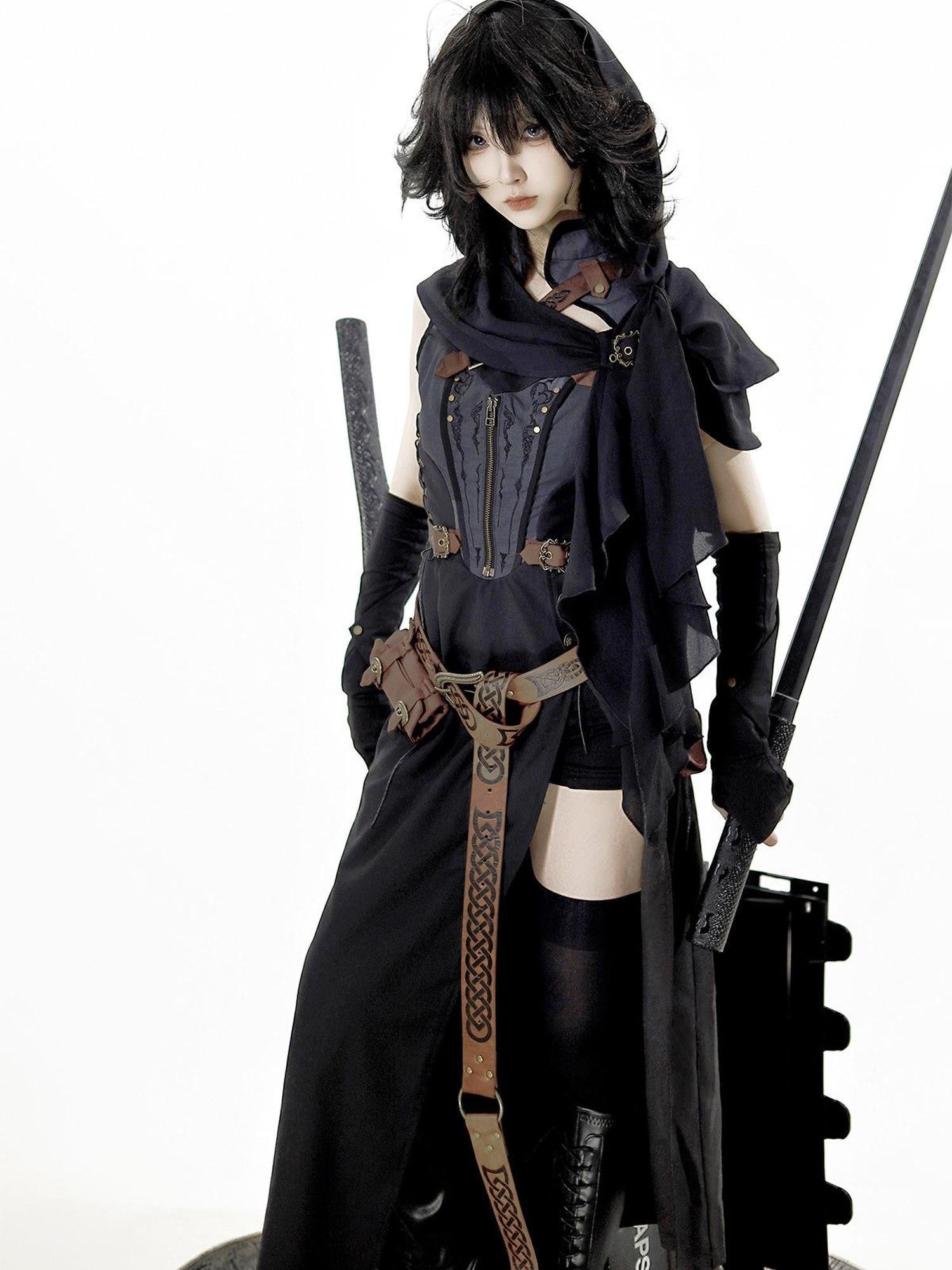 Jing Mu Black Belted Punk Lolita Collar Cloak Women's Gothic Full Coordination Sets