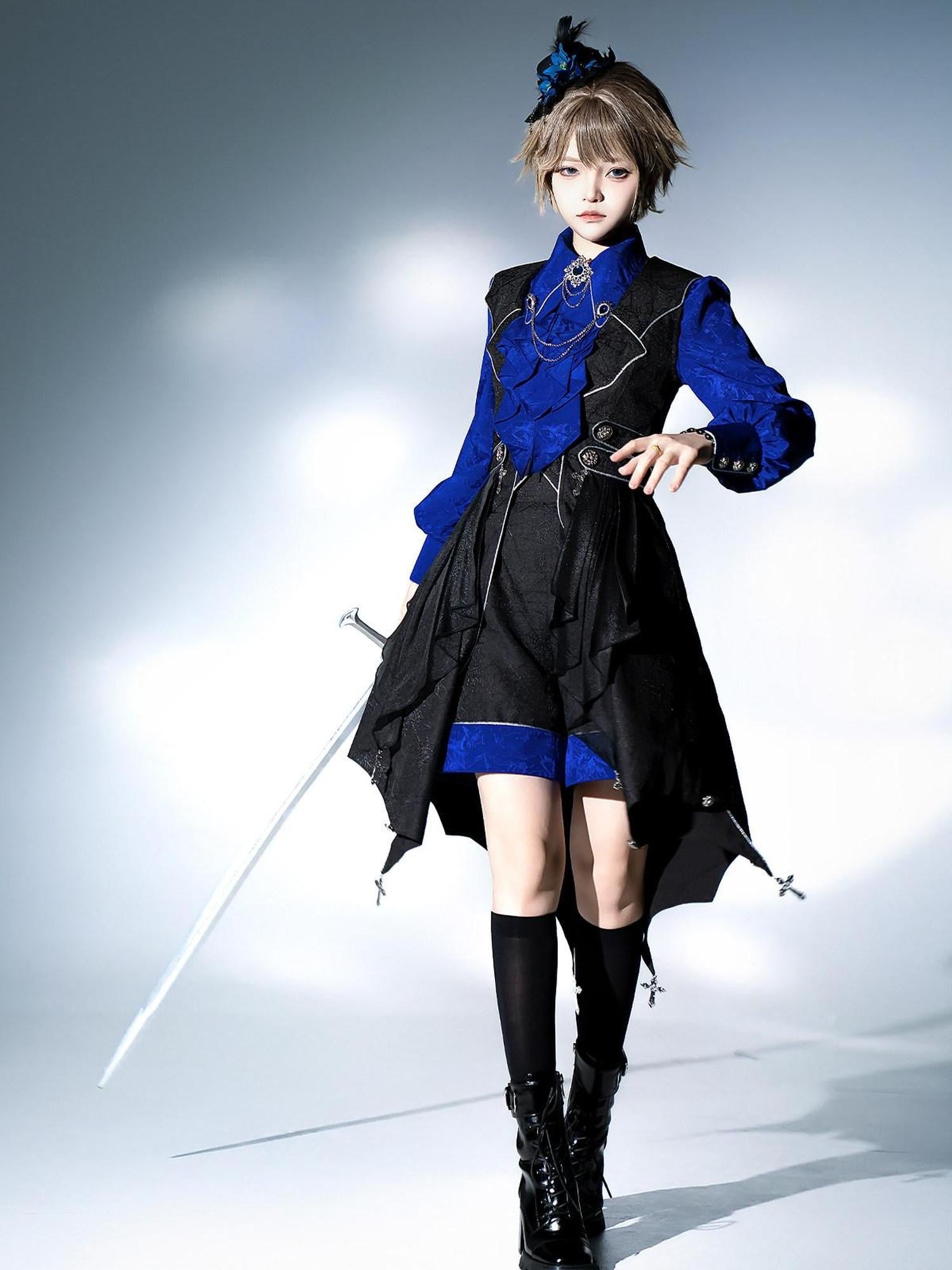 Jing Mu Black Blue Gothic Lolita Prince Women's Vest Shirt Shorts Full Coordination Sets