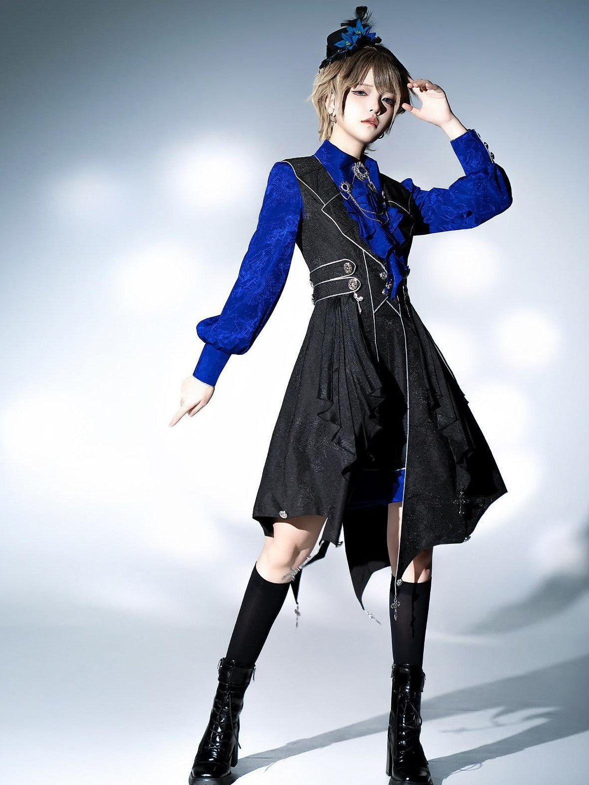 Jing Mu Black Blue Gothic Lolita Prince Women's Vest Shirt Shorts Full Coordination Sets