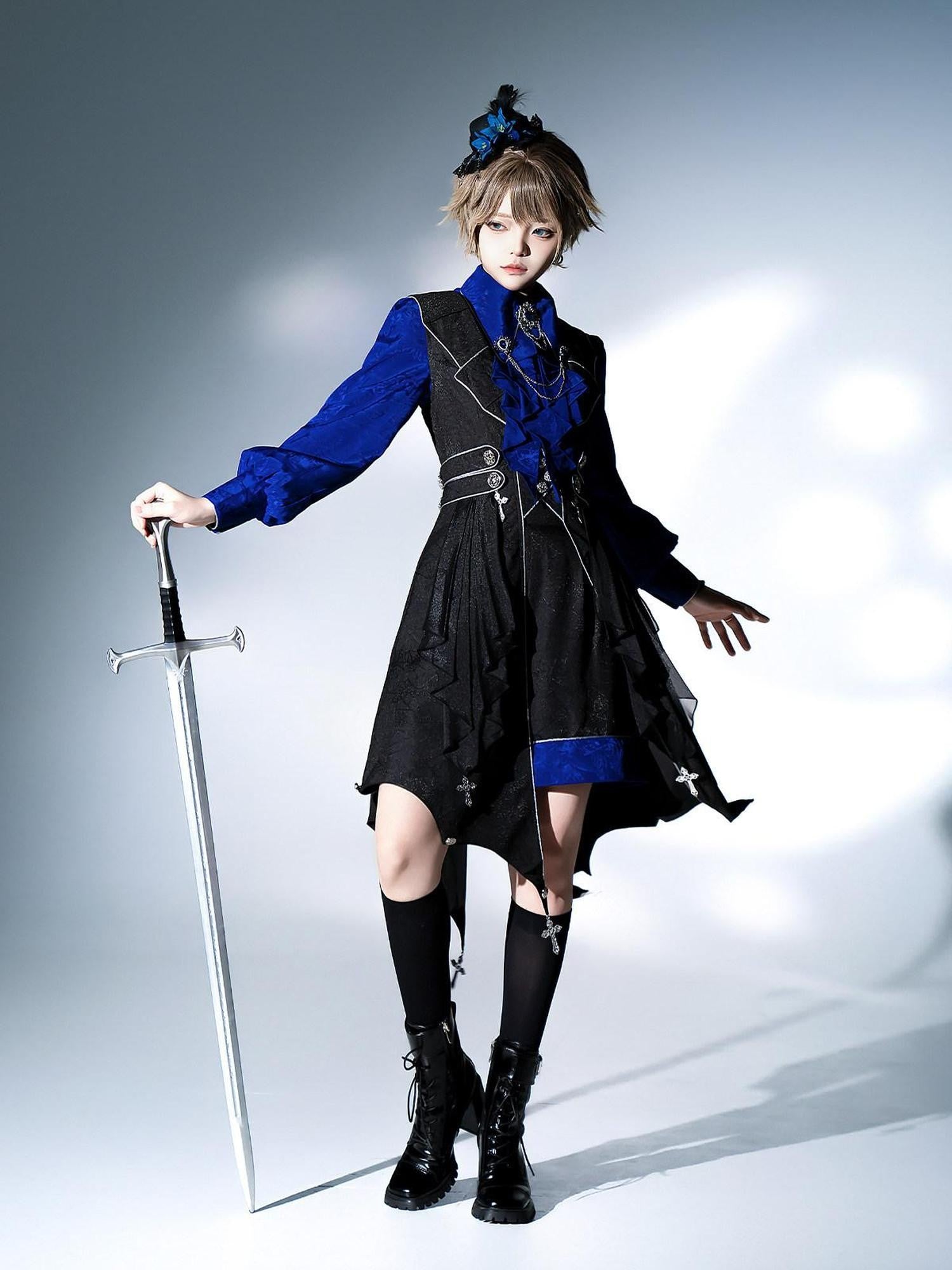 Jing Mu Black Blue Gothic Lolita Prince Women's Vest Shirt Shorts Full Coordination Sets