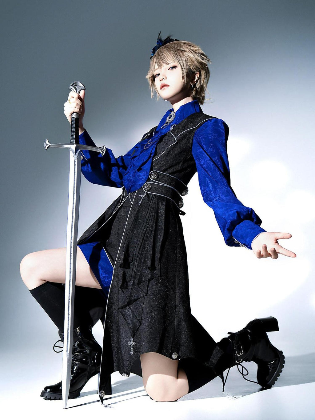 Jing Mu Black Blue Gothic Lolita Prince Women's Vest Shirt Shorts Full Coordination Sets