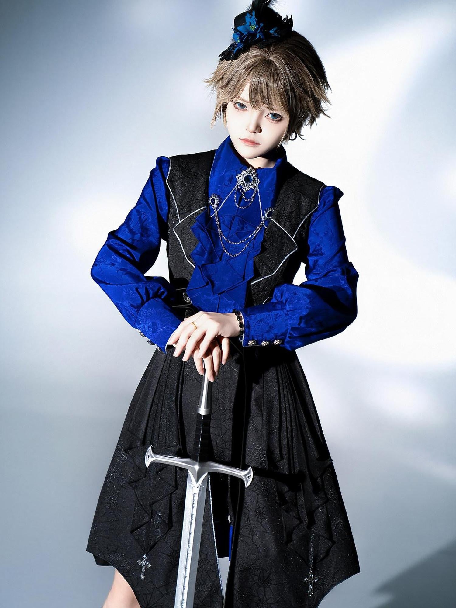 Jing Mu Black Blue Gothic Lolita Prince Women's Vest Shirt Shorts Full Coordination Sets