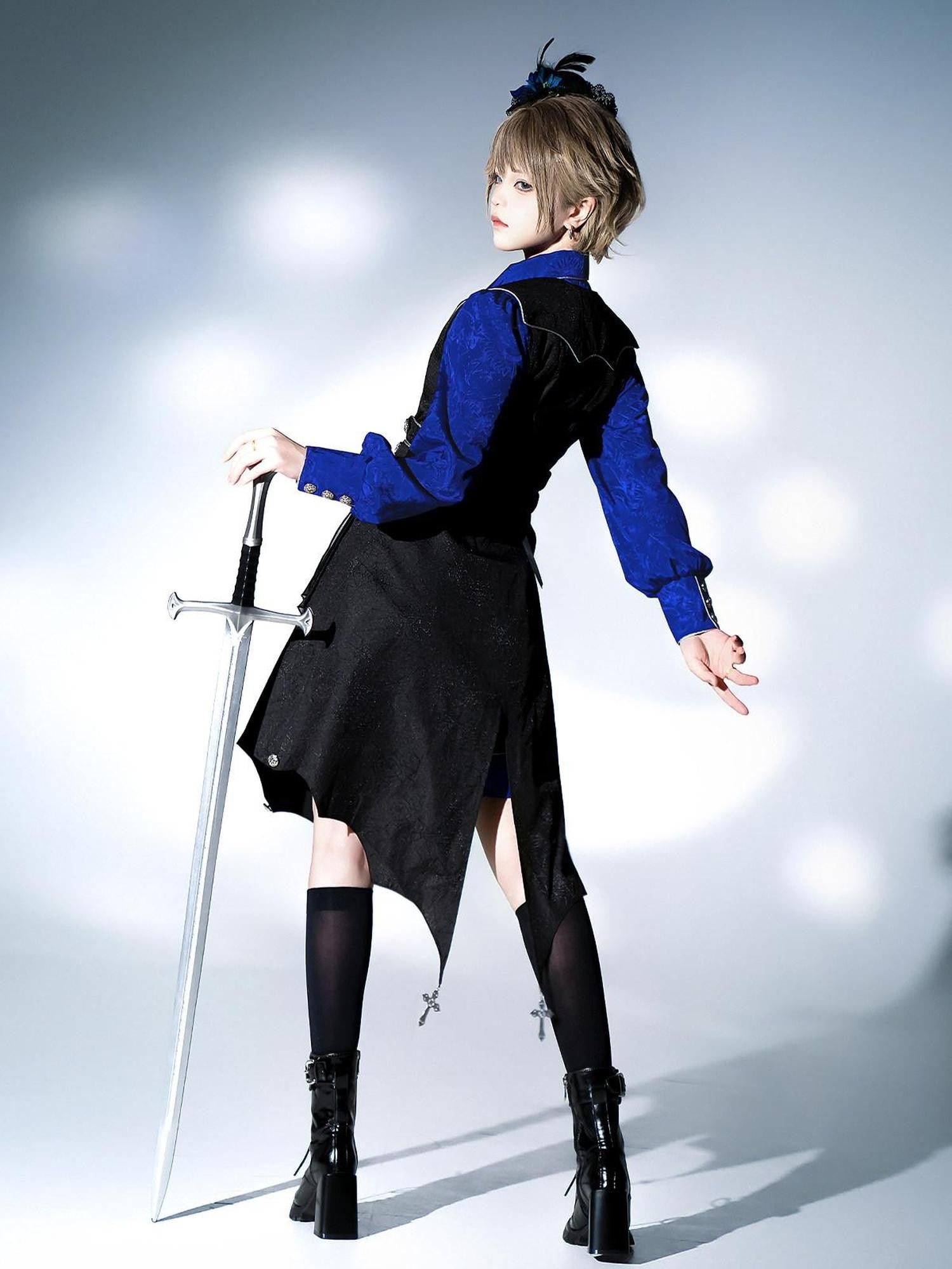 Jing Mu Black Blue Gothic Lolita Prince Women's Vest Shirt Shorts Full Coordination Sets