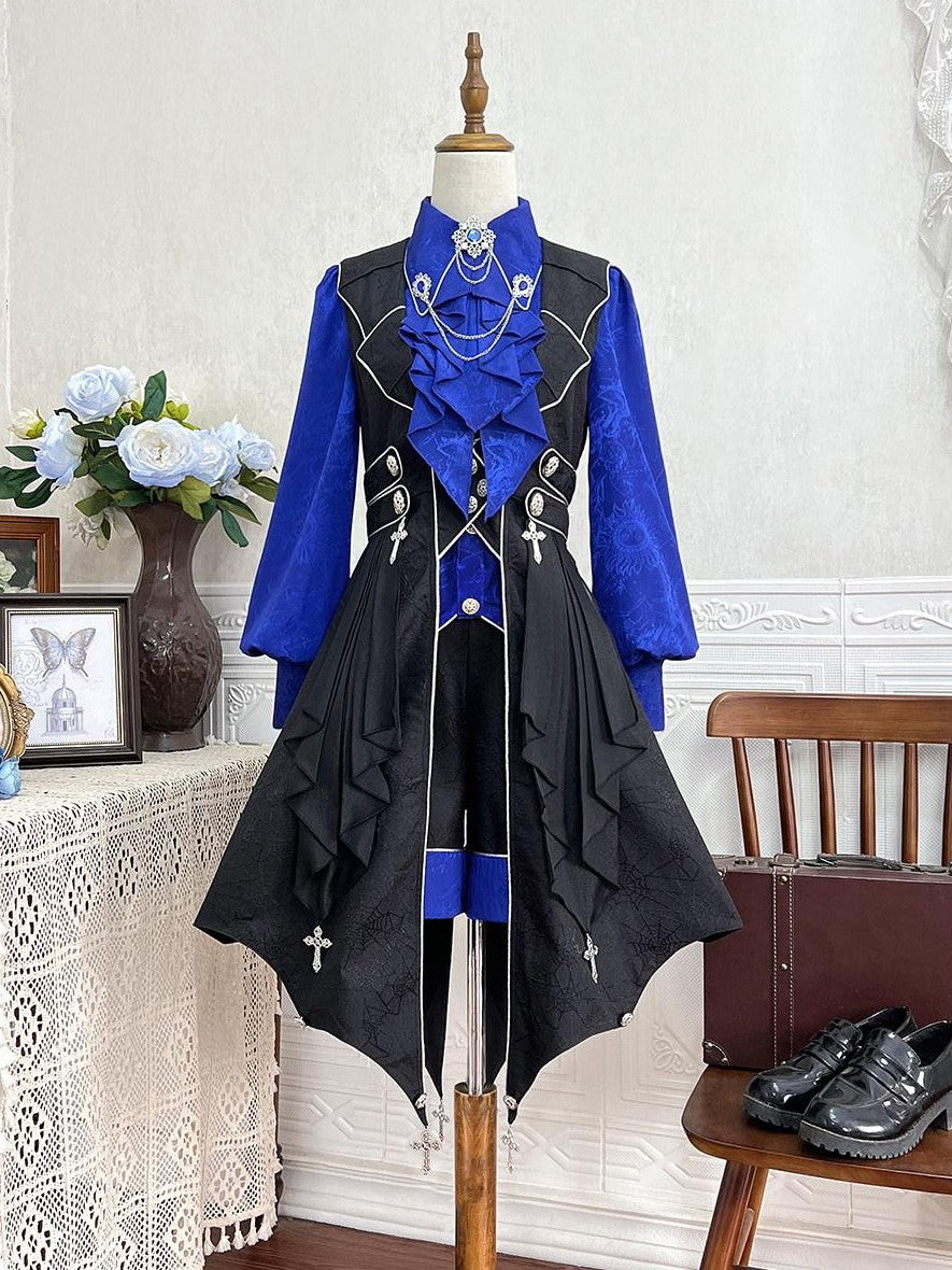 Jing Mu Black Blue Gothic Lolita Prince Women's Vest Shirt Shorts Full Coordination Sets