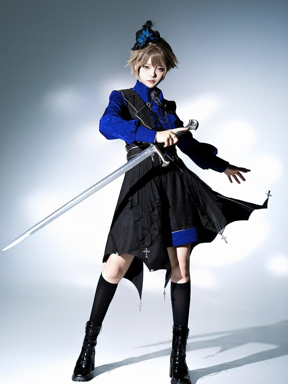 Jing Mu Black Blue Gothic Lolita Prince Women's Vest Shirt Shorts Full Coordination Sets
