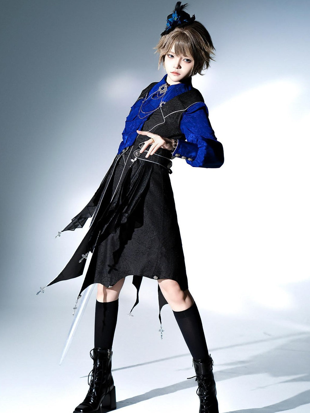 Jing Mu Black Blue Gothic Lolita Prince Women's Vest Shirt Shorts Full Coordination Sets