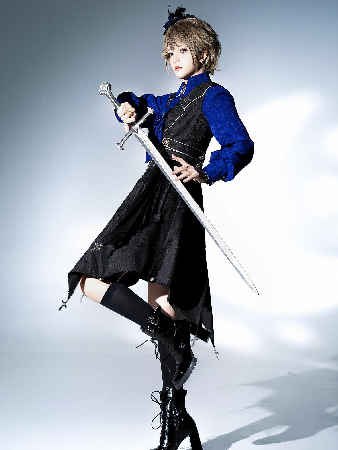 Jing Mu Black Blue Gothic Lolita Prince Women's Vest Shirt Shorts Full Coordination Sets