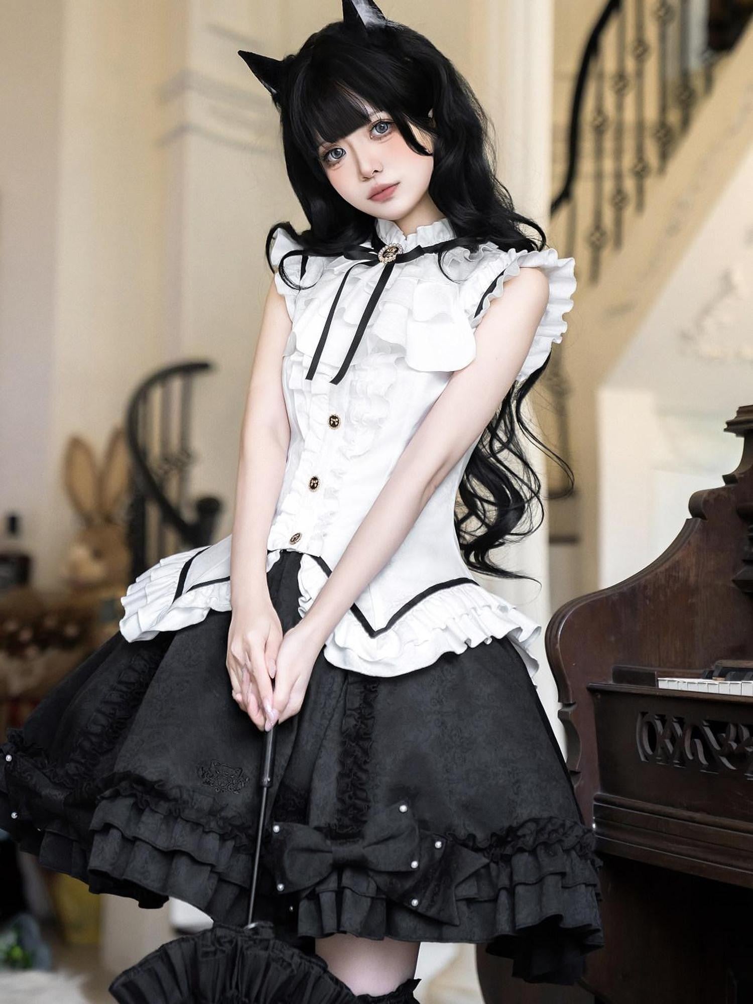 Jing Mu Black Cat Lolita Gothic Maid Waist Cinched Cake Puff Jsk Women's Skirt Sets