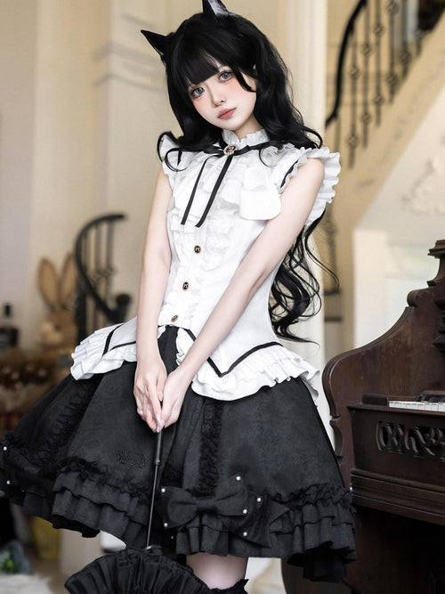 Jing Mu Black Cat Lolita Gothic Maid Waist Cinched Cake Puff Jsk Women's Skirt Sets