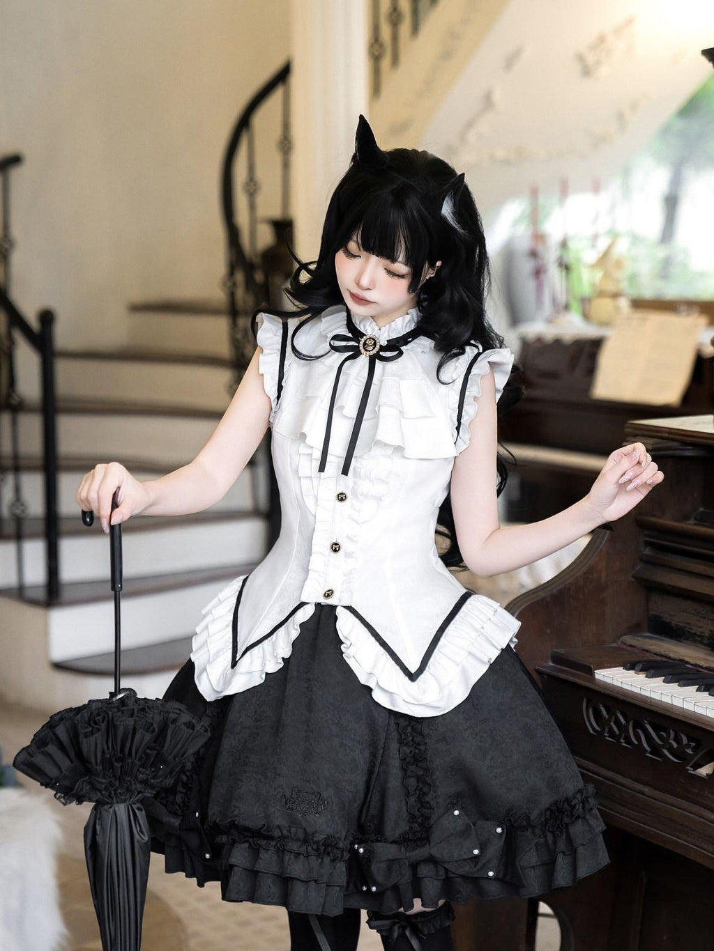 Jing Mu Black Cat Lolita Gothic Maid Waist Cinched Cake Puff Jsk Women's Skirt Sets