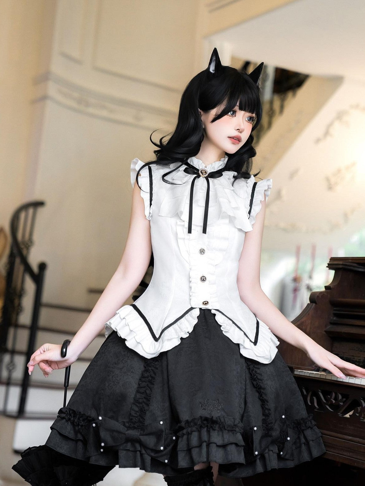Jing Mu Black Cat Lolita Gothic Maid Waist Cinched Cake Puff Jsk Women's Skirt Sets