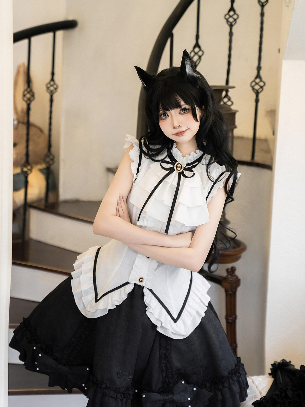 Jing Mu Black Cat Lolita Gothic Maid Waist Cinched Cake Puff Jsk Women's Skirt Sets