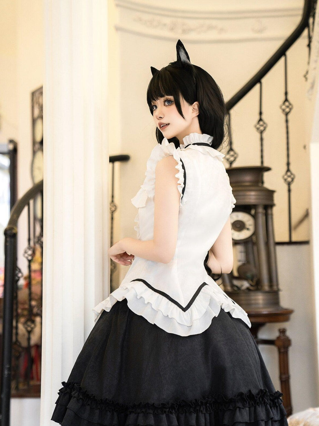 Jing Mu Black Cat Lolita Gothic Maid Waist Cinched Cake Puff Jsk Women's Skirt Sets