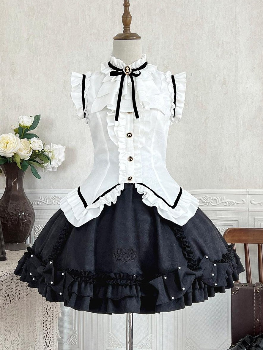 Jing Mu Black Cat Lolita Gothic Maid Waist Cinched Cake Puff Jsk Women's Skirt Sets
