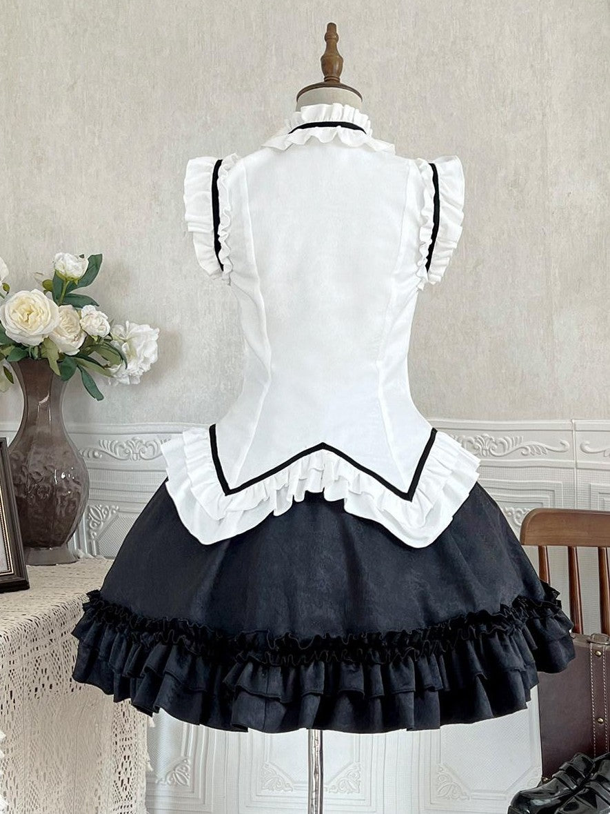 Jing Mu Black Cat Lolita Gothic Maid Waist Cinched Cake Puff Jsk Women's Skirt Sets