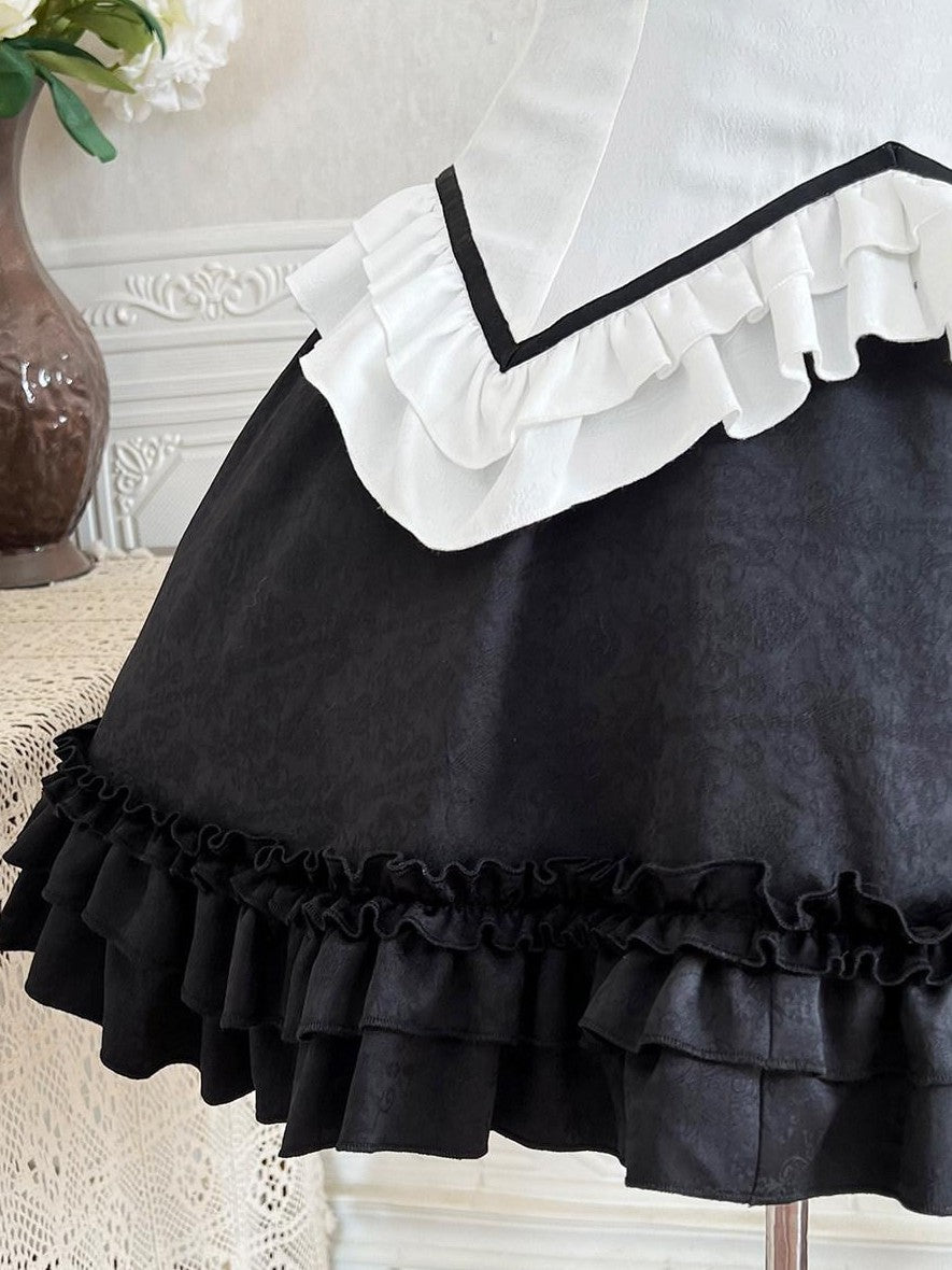 Jing Mu Black Cat Lolita Gothic Maid Waist Cinched Cake Puff Jsk Women's Skirt Sets